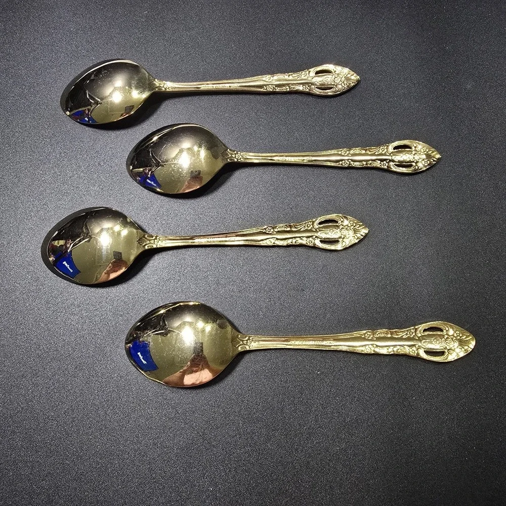 Vtg Set Of 4 Hanford Forge LTD Gold Plated Oval Soup Spoons Versailles